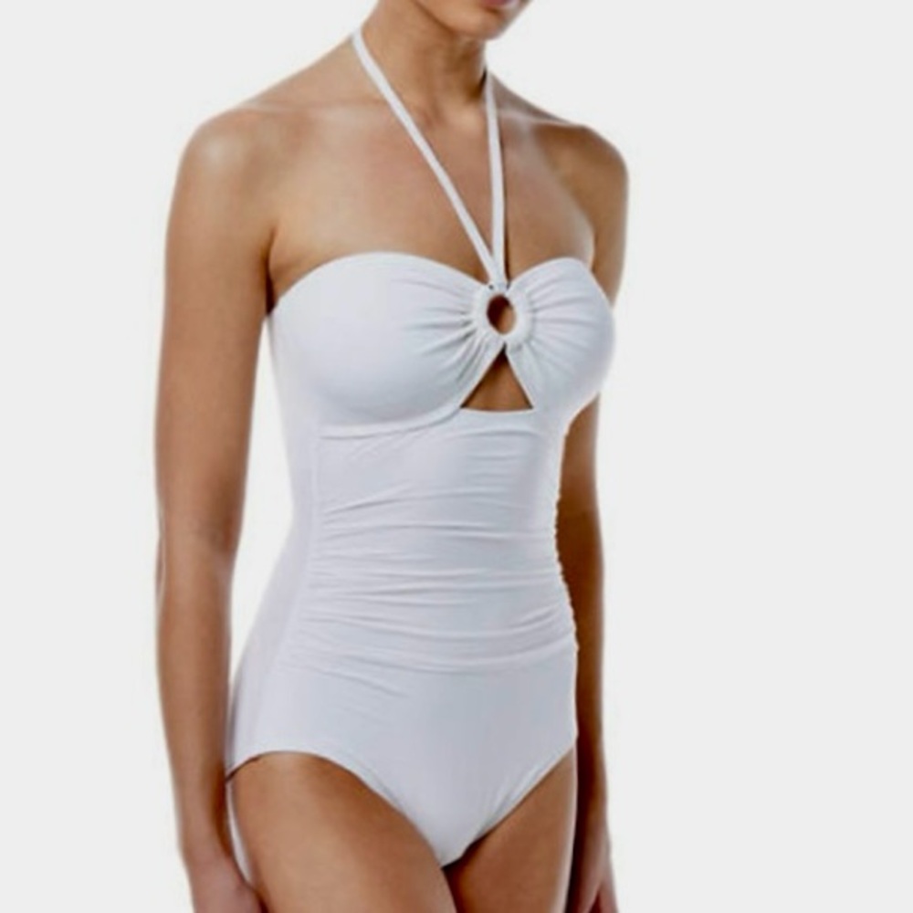 KATE SPADE Pale Grey White Halter One Piece Swimsuit